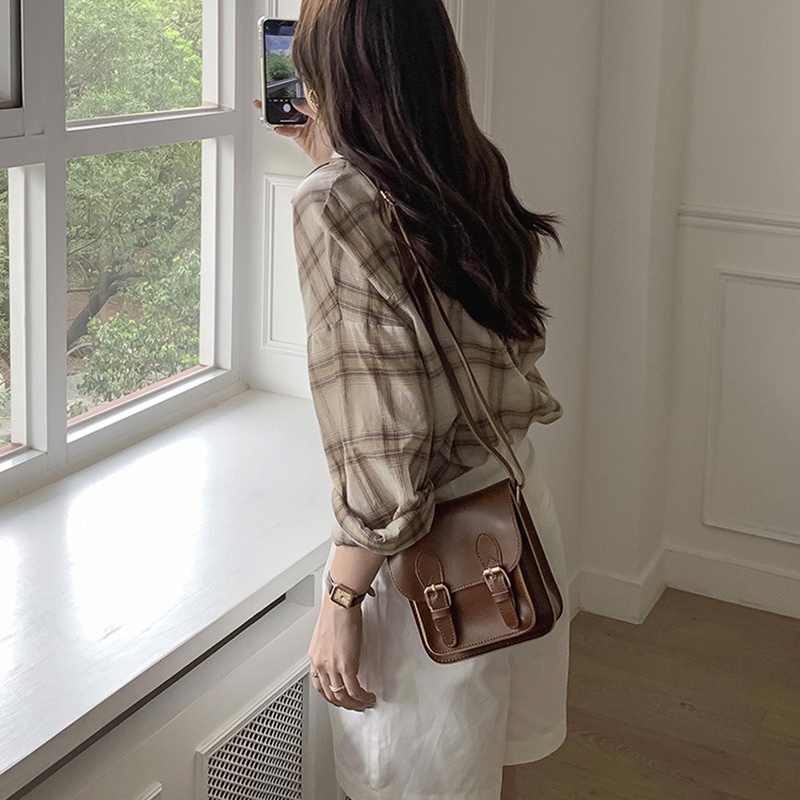 Túi đeo chéo da PU màu trơn hình vuông phong cách Hàn Quốc cổ điển đơn giản thời trang cho nữ