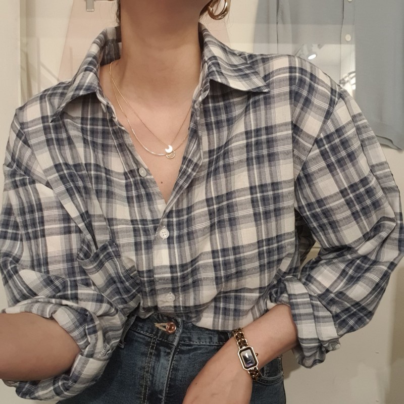 Áo sơ mi tay dài họa tiết sọc caro phong cách retro Hàn Quốc cao cấp