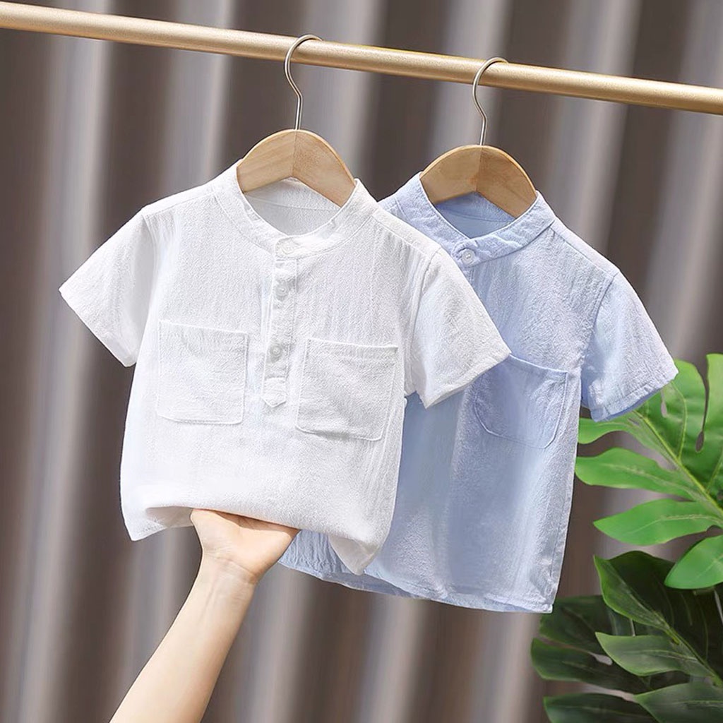 Áo Cộc tay Bé Trai 2 Túi, Áo Sơ Mi Chất Đũi Xước Cao Cấp Cho Bé Từ 7-28kg - ROSY KIDS