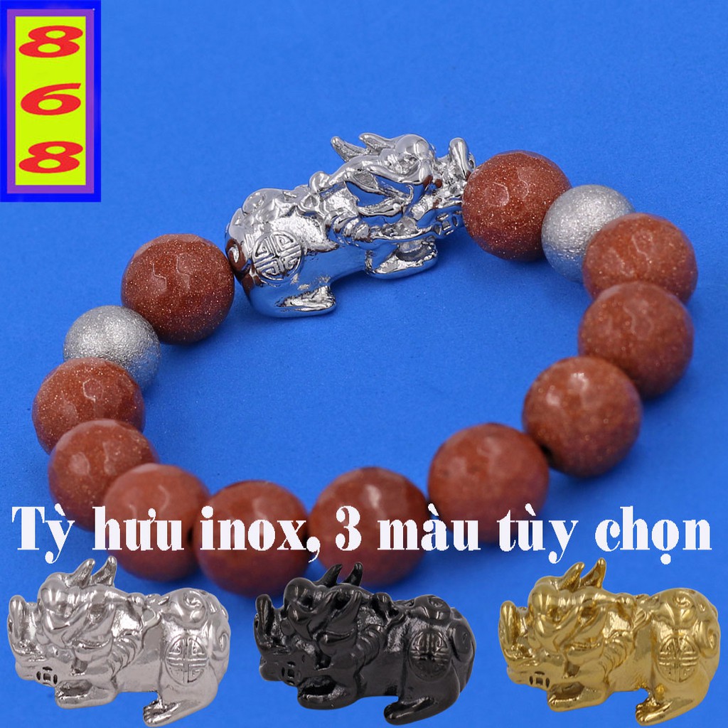 Chuỗi đeo tay Kim Sa Cắt Giác 14 ly 2 bi Charm Tỳ Hưu inox VKSGTHHBT14 - Hợp mệnh Kim, mệnh Thổ - Chuỗi size lớn
