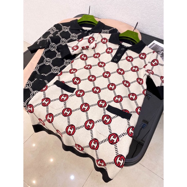 Đầm len nữ dáng suông cổ bẻ tay ngắn thương hiệu Gucci GC cao cấp