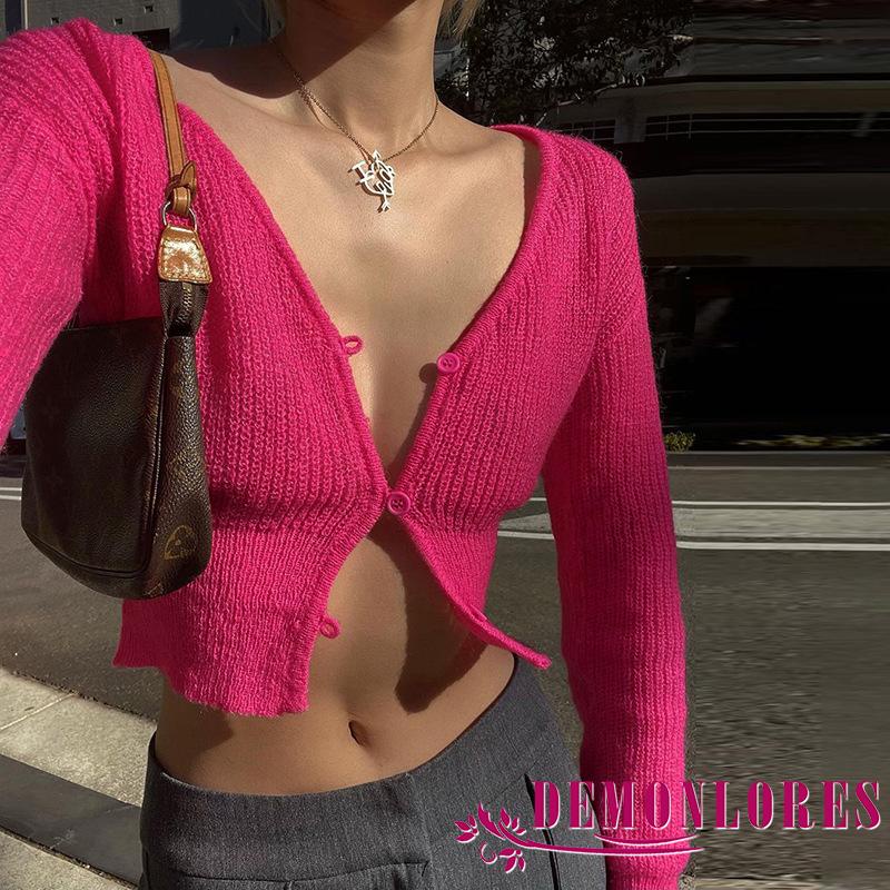 Áo khoác cardigan dệt kim tay dài dáng ngắn cổ chữ V màu sắc đơn giản thời trang dành cho nữ