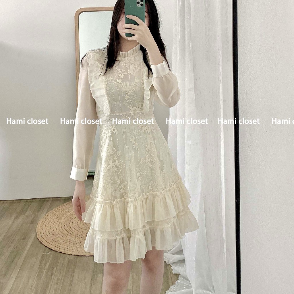 Váy thiết kế thêu hoa ren chất voan tơ dáng đầm ôm xếp ly hai tầng hàng chuẩn có size Mã V004