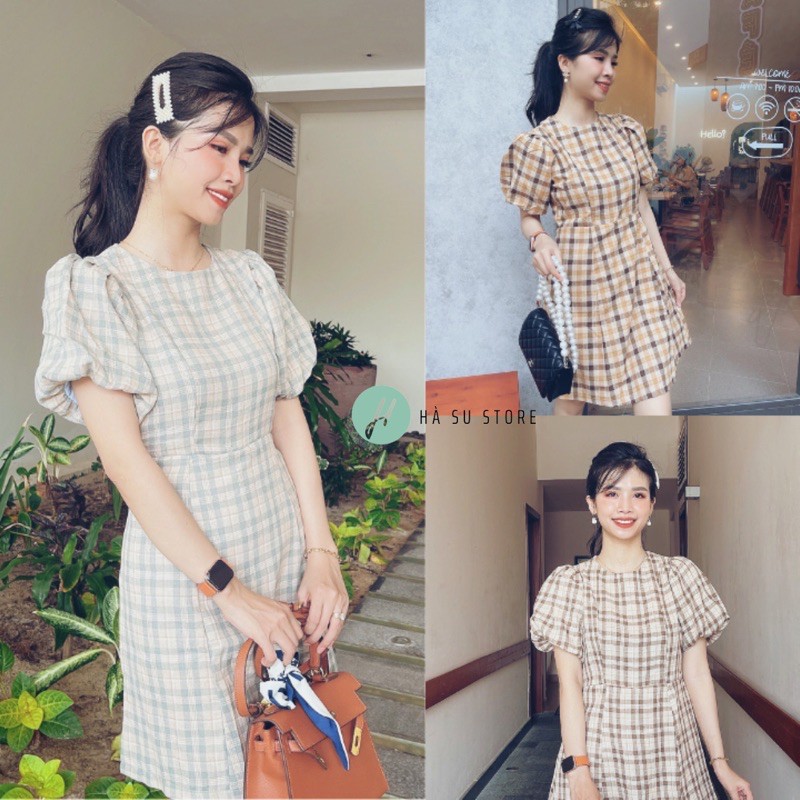 Váy Đầm Kẻ Caro Tay Phồng Cổ Tròn cực xinh cho các nàng