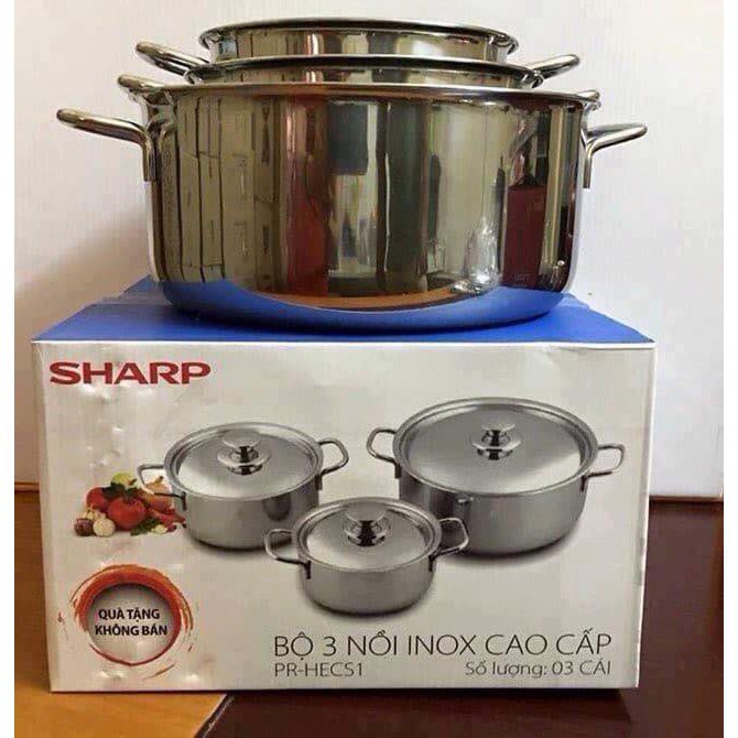 Bộ 3 Nồi Sharp đáy từ 1 lớp tiết kiệm điện ga, chất liệu Inox 3 chiếc size 16-20-24cm(Dùng Được mọi loại bếp)