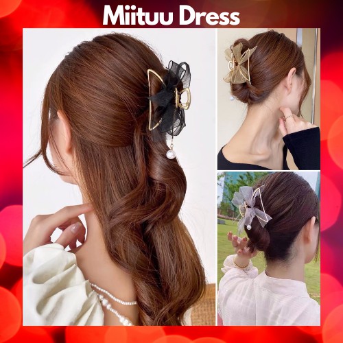 Kẹp tóc càng cua Hàn Quốc hình nơ phối hạt trai Cặp búi tóc tiểu thư nhiều màu xinh xắn sang trọng cho nữ Miituu KDN
