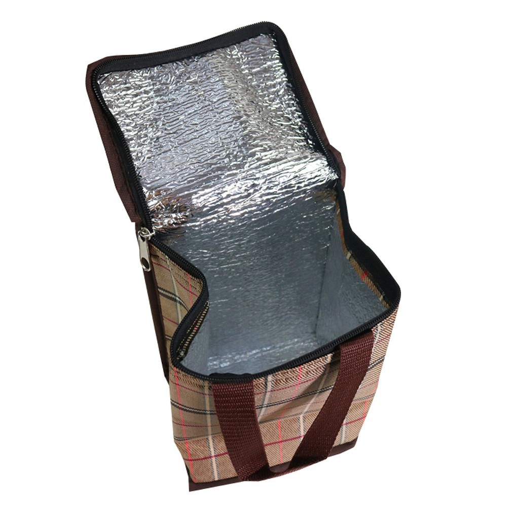 Túi nhiệt đứng caro màu nâu + hộp cơm 3 tầng inox (bán kèm hộp cơm 3 tầng inox)