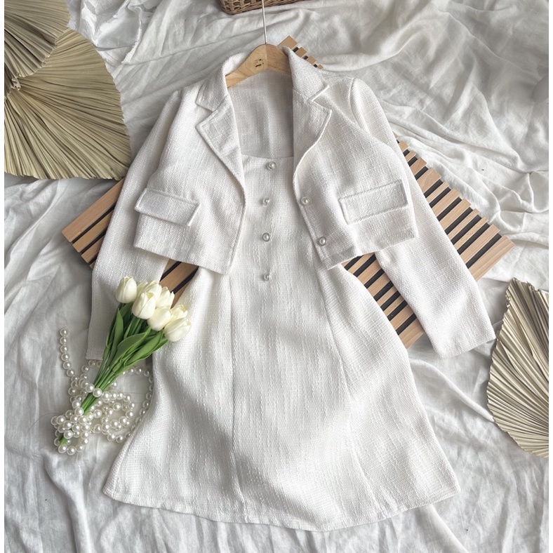 SET ĐẦM 2 DÂY BẢN TO + ÁO KHOÁC CROPTOP NÚT BỐ MS176