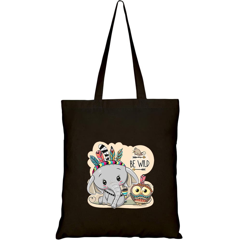 Túi vải tote canvas HTFashion in hình cute cartoon tribal elephant owl HT507