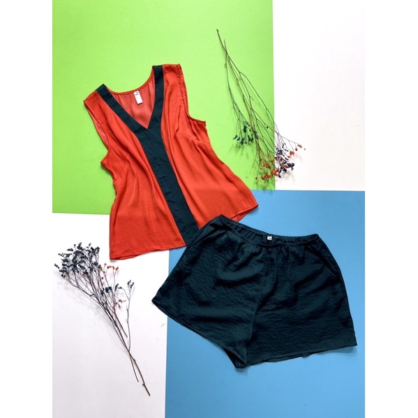 Bộ lụa đùi phối nẹp mặc nhà không tay Infashion
