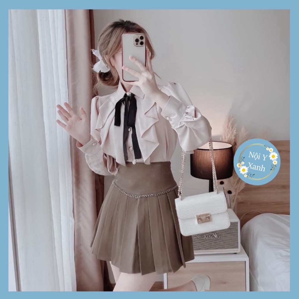 Áo sơ mi tiểu thư phối dây nơ_888 mầu trắng, babydoll ulzzang mềm nội y xanh