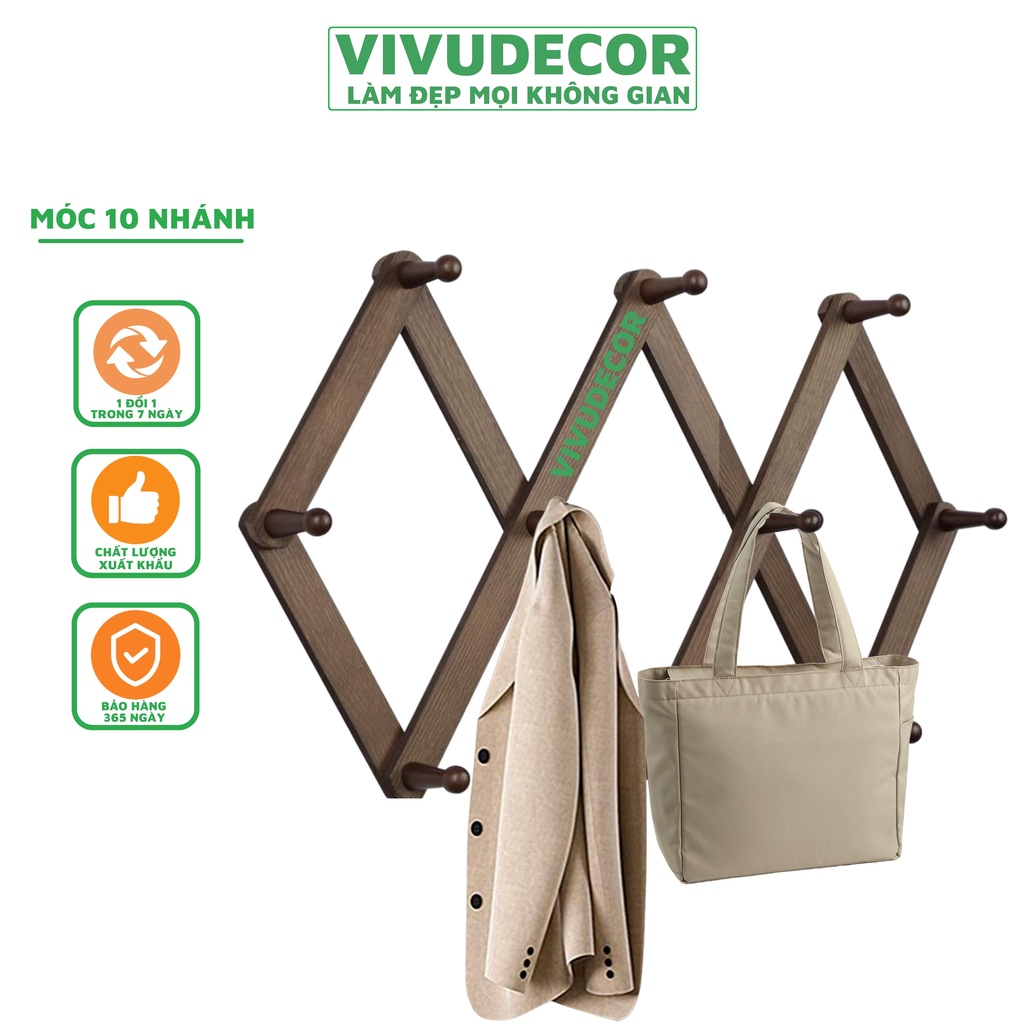 Móc treo tường Vivudecor 10 nhánh, Móc treo quần áo biến hình phù hợp với mọi không gian, tặng kèm 2 miếng dán 3M