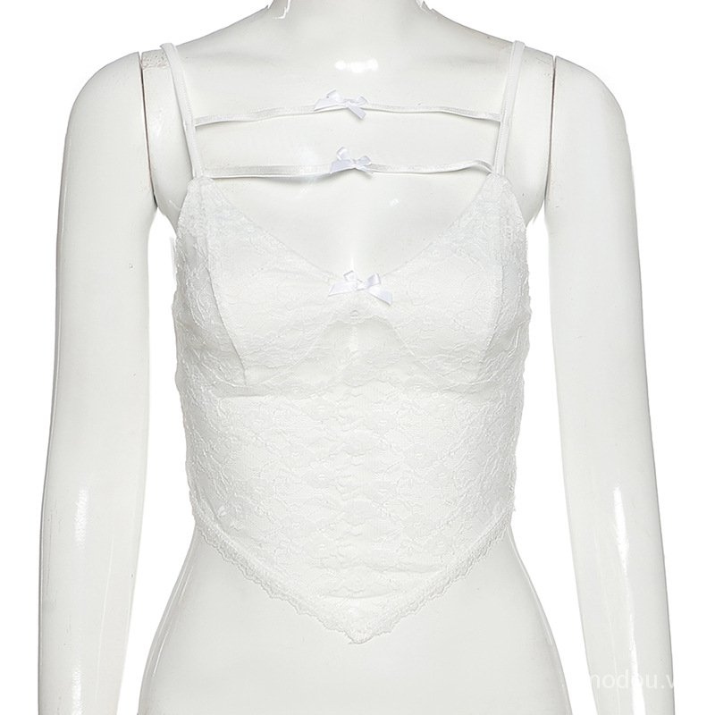 Áo croptop hai dây vải lưới phối ren viền không cân xứng thời trang quyến rũ cho nữ