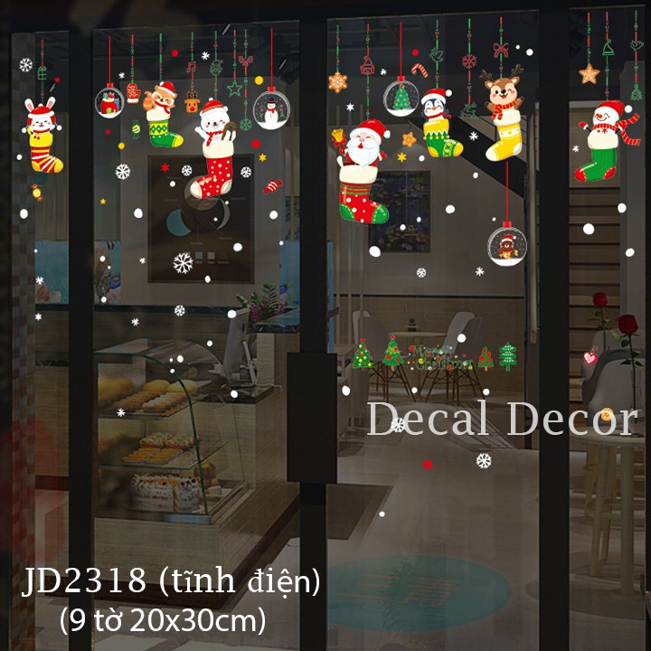Decal Noel trang trí dán tĩnh điện mẫu dây treo vớ hoạt hình dễ thương 20x30 (9 tờ) - Giáng sinh, tết 2022