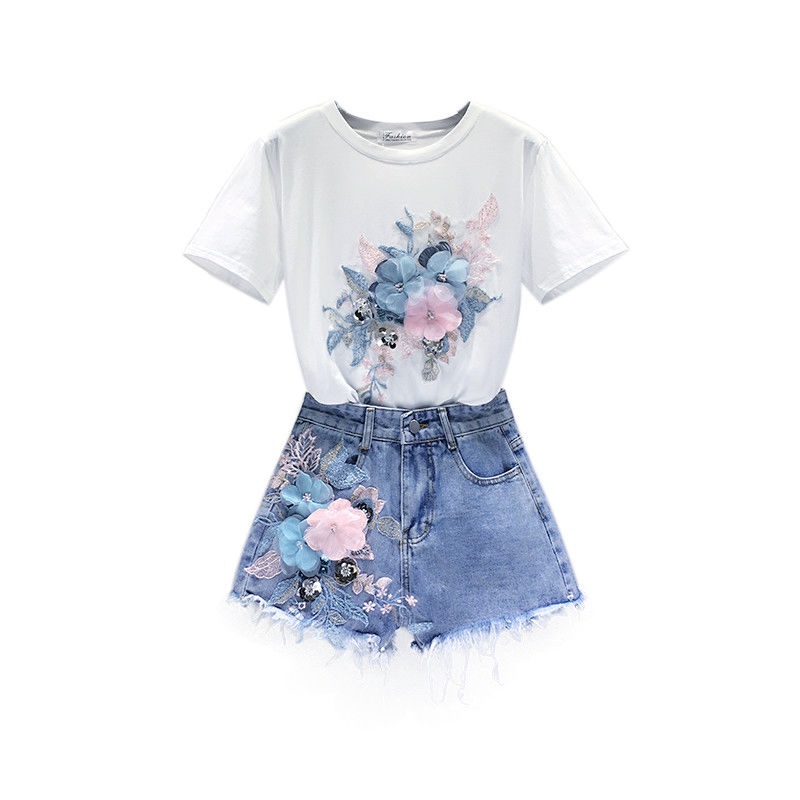 Set Áo Thun Ngắn Tay Thêu Hoa + Quần Short Denim Thời Trang Cho Bé Gái