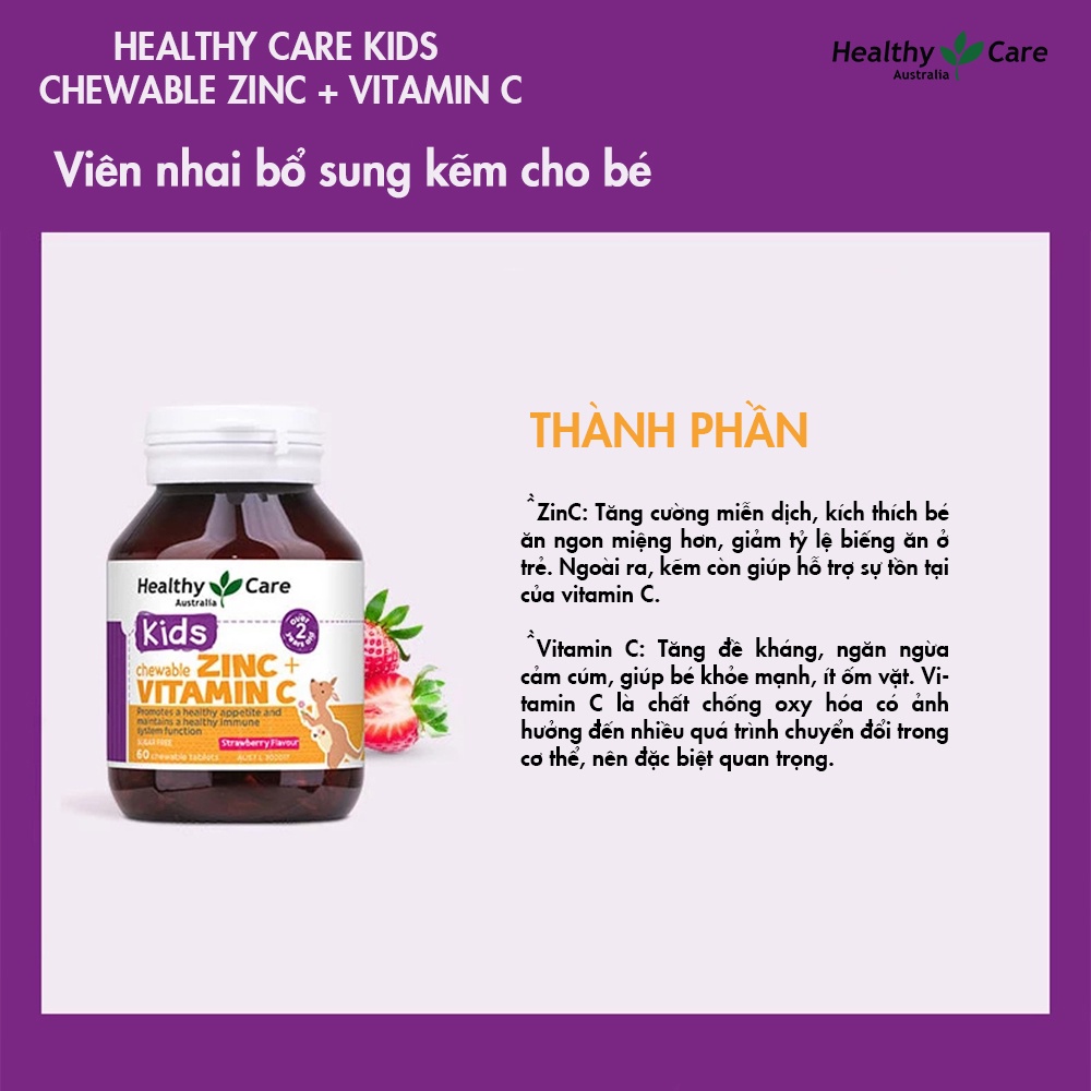 Combo 2 hộp Viên Nhai Healthy Care Kids Chewable Vị Dâu Bổ Sung Kẽm Và Vitamin C Cho Bé (60 Viên)