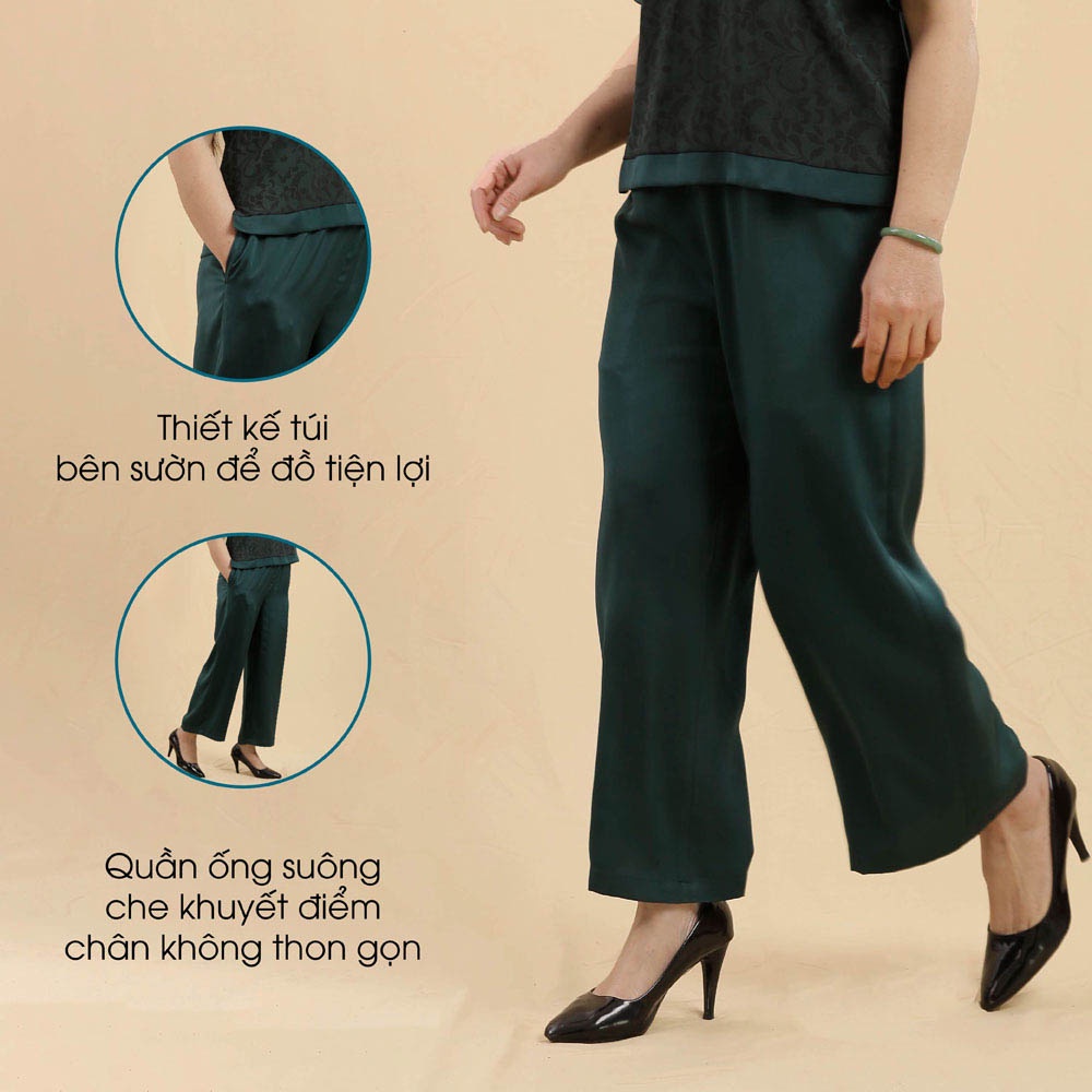 Đồ Bộ Lụa Trung Niên Nữ Phối Hoa Cao Cấp Mặc Nhà Quà Tặng Cho Mẹ ANCHI B09 Xanh Đen
