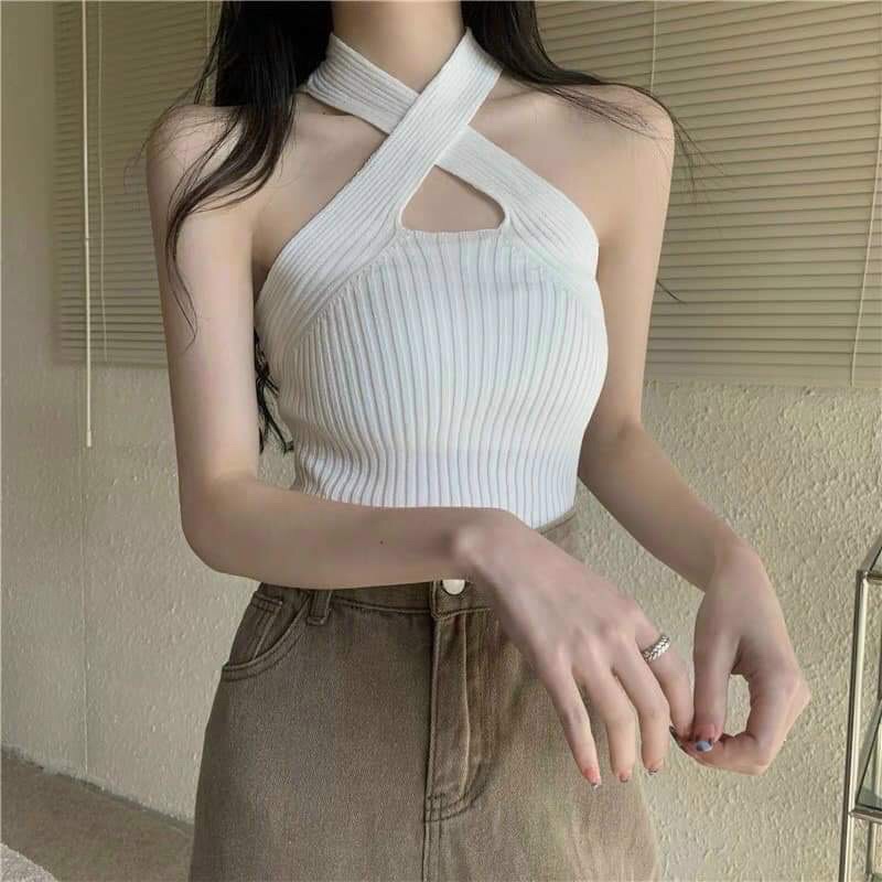 Áo len nữ dệt kim dây chéo ngực sexy hàng Quảng Châu