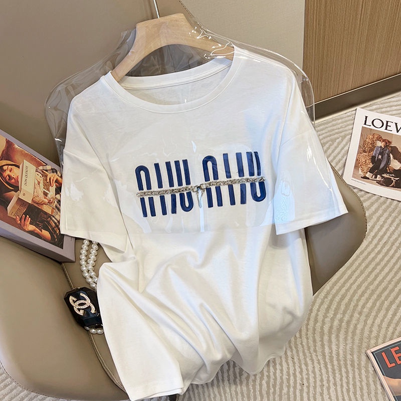 Mới Áo Thun Tay Ngắn Hoạ Tiết Chữ Thêu Thiết Kế Dáng Rộng Thoải Mái