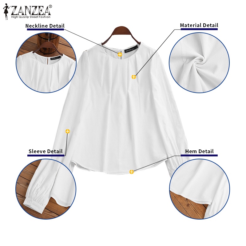 Zanzea Áo Kiểu Tay Phồng Dài Cổ Tròn Xếp Ly Cài Nút Sau Lưng Màu Trơn Thời Trang Cho Nữ