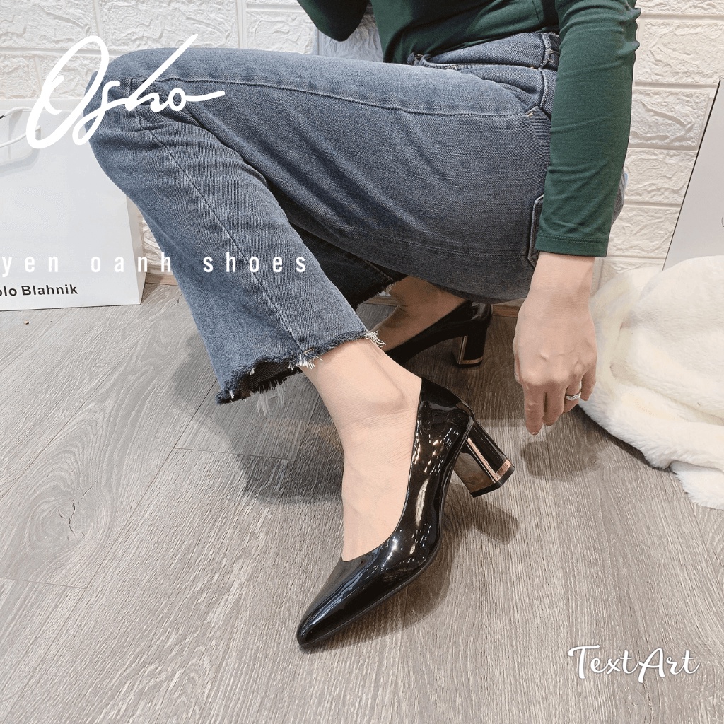 Giày Cao Gót Thiết Kế OSHO Mũi Nhọn Đế Vuông Cao 5cm, Da PU Bóng Mềm, Đế Cao Su Đúc Nguyên Khối 118