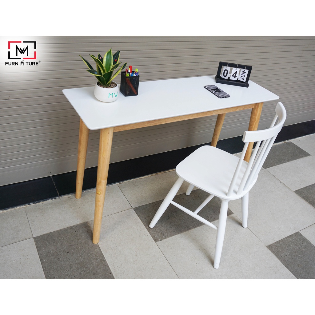 Bàn làm việc gỗ tự nhiên mặt trắng kiểu hàn quốc - Long table có vạt thương hiệu MW FURNITURE - Nội thất căn hộ