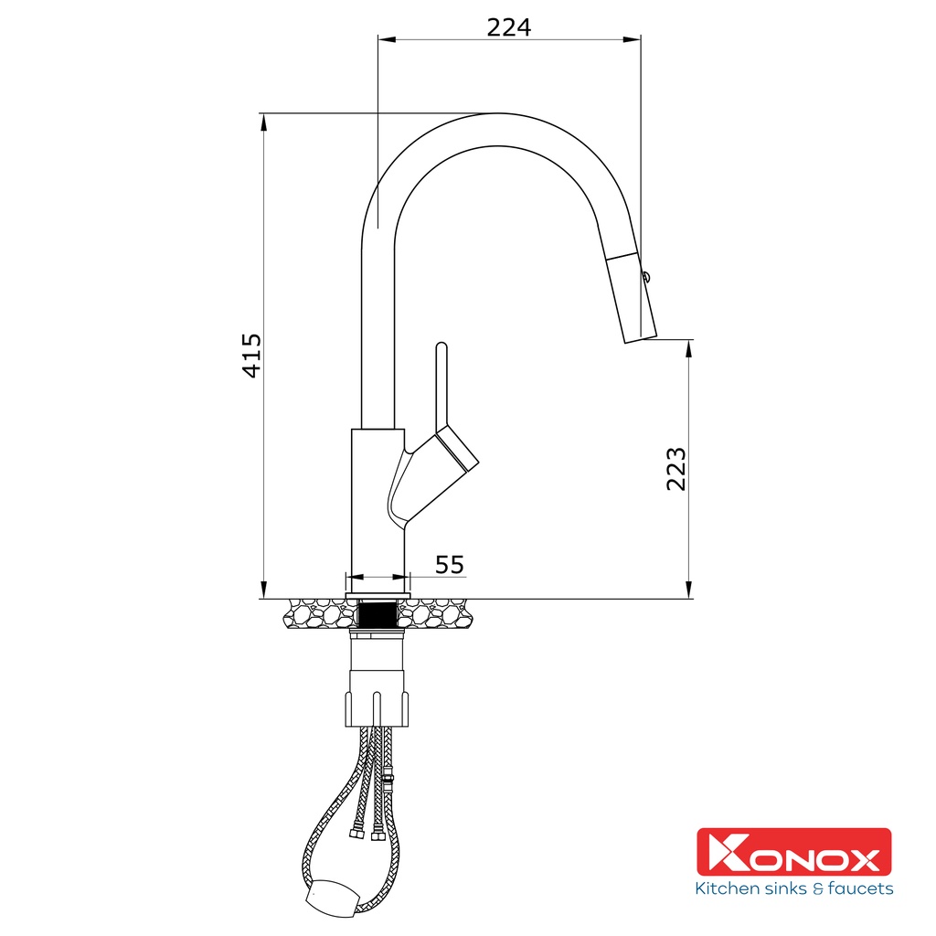 Vòi rửa bát rút dây KONOX Ponte Nickel, bề mặt xử lý mạ PVD Nickel 5 ớp, lõi hợp kim đồng 61% tiêu chuẩn Châu Âu CW617N