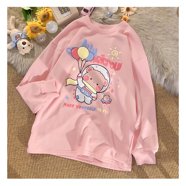 Áo sweatshirt chui đầu cổ tròn tay dài dáng rộng size rộng phong cách Hàn Quốc in họa tiết gấu và chữ mới 2022 cho nữ