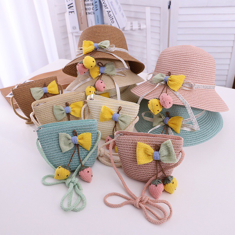 Set mũ cói kèm túi rộng vành chống nắng nơ vàng siêu xinh co bé(2-5tuổi)