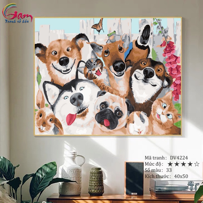 Tranh tô màu theo số Gam Đàn chó cún dễ thương 40x50cm đã căng khung DV4224