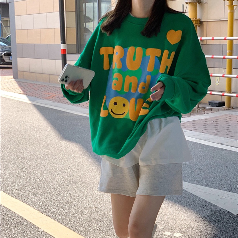 Áo sweater tay dài cổ tròn dáng rộng thời trang thu đông