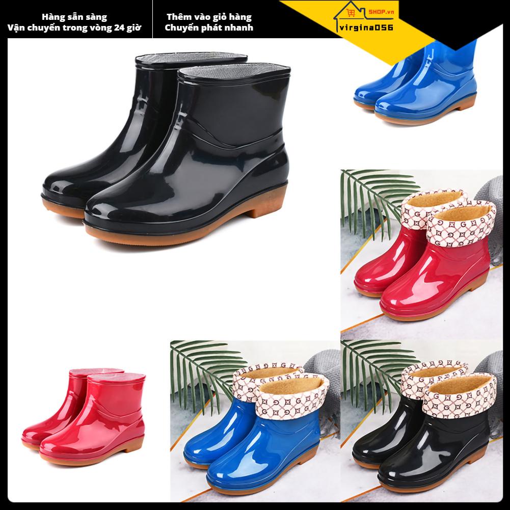 Virgina056 Giày đi mưa cho phụ nữ Thời trang chống trơn trượt ngắn Đầu tròn Radian PVC ủng bằng nhựa