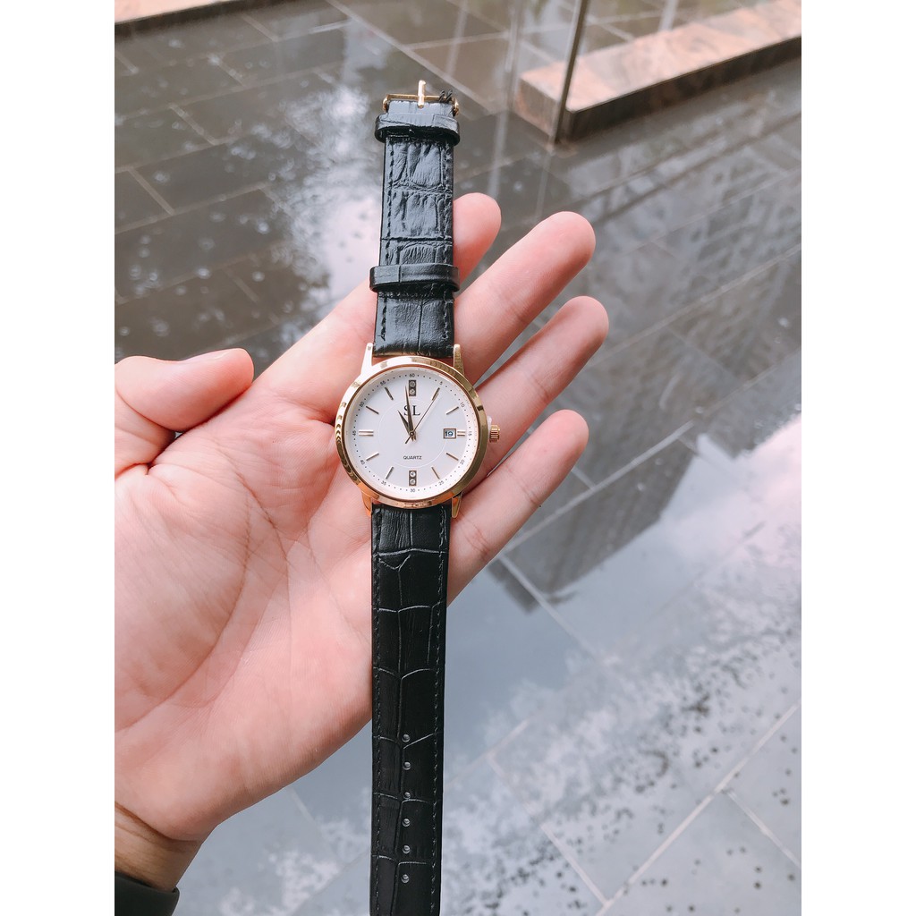 Đồng hồ nam dây da SL mặt đồng hồ đơn giản tinh tế có lịch tặng kèm pin dự phòng