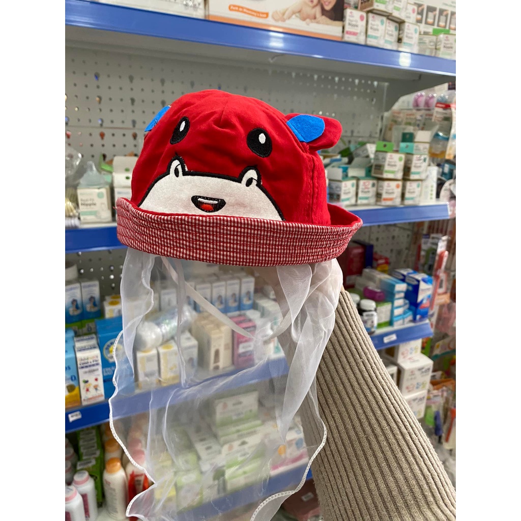 Mũ kèm khăn voan tai gấu mắt 48k, mũ vành tròn cho bé trai, bé gái