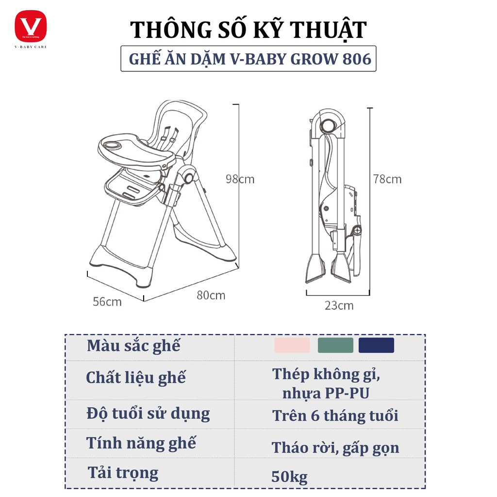 Ghế ăn dặm cho bé cao cấp V-Baby Grow 806 và GA002 - Có thể gấp gọn Nâng hạ độ cao dễ dàng