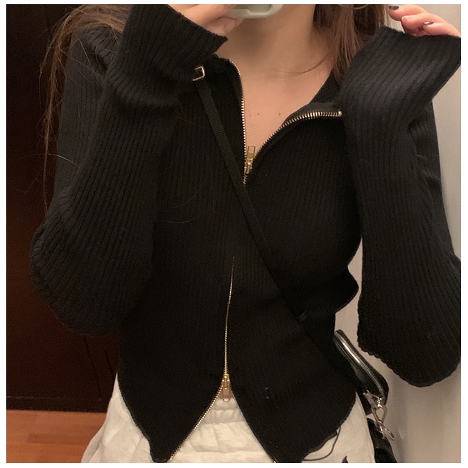 SUXI Áo Khoác Cardigan Bằng Vải Dệt Kim Tay Dài Phối Dây Khóa Kéo Phong Cách Hàn Quốc Thời Trang Mùa Thu Cho Nữ