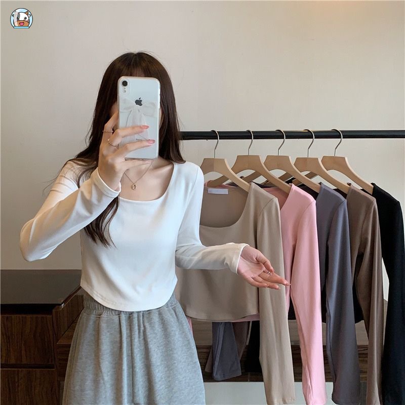 Áo Thun Dài Tay Màu Trơn Phong Cách Hàn Quốc Thời Trang Mùa Thu Mới Cho Nữ