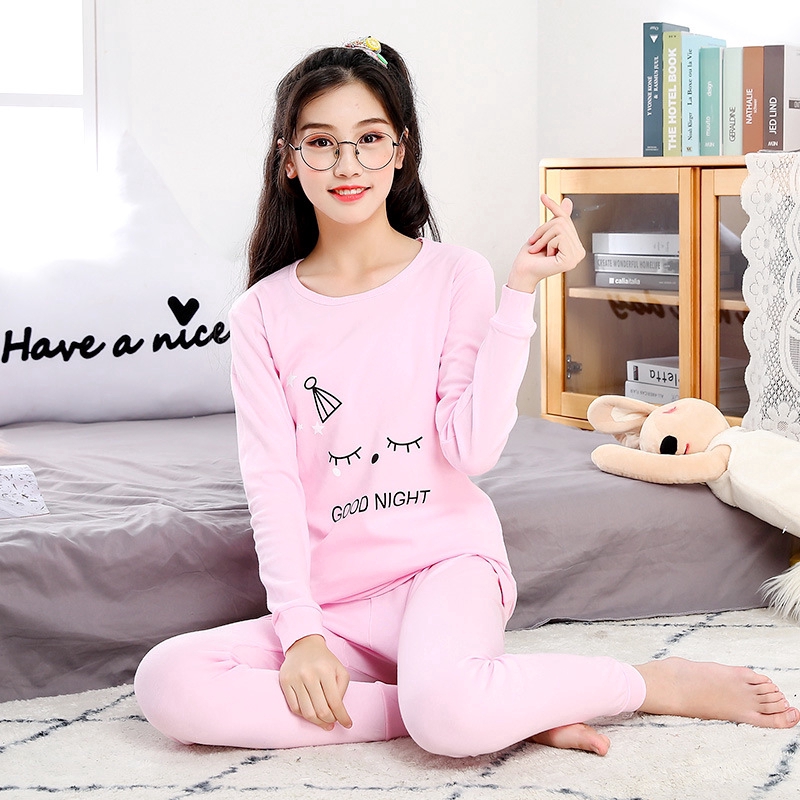 Girl Sleepwear Breathable Cotton Homewear Cute Bear Long Sleeve Top+Pants 2pcs/set 8-18Yrs Teen Kids Pyjamas Underwear Clothes