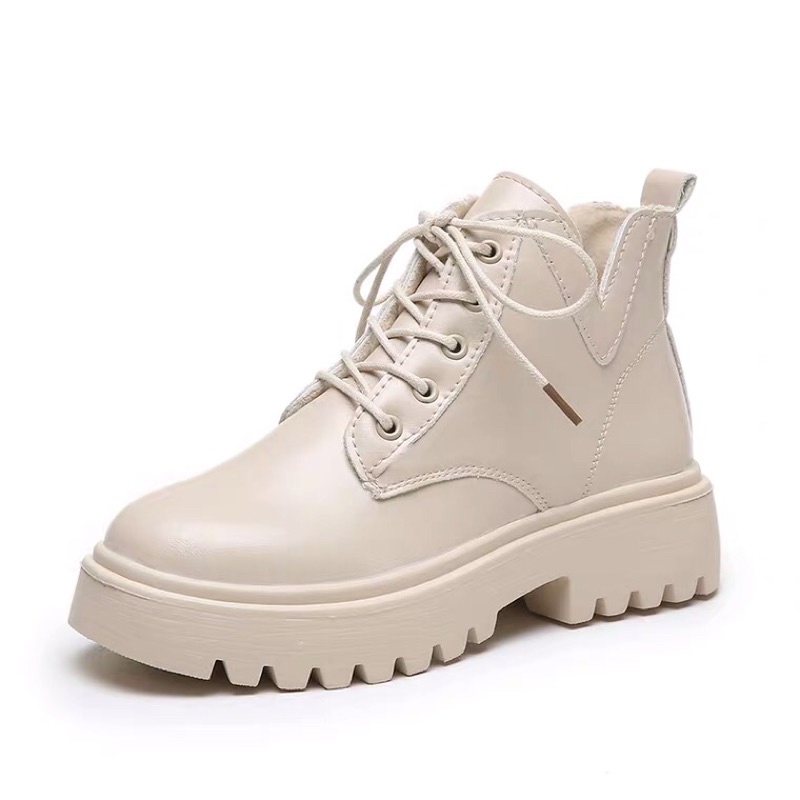 Giày Bốt Boots Martin Nữ Cổ Thấp Đế Cao 4 Phân Siêu Nhẹ Cột Dây Màu Đen Trắng Kem Ulzzang Hàn Quốc Cá Tính