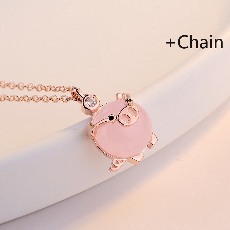 Dây chuyền bạc mặt hình chú Hợi đính pha lê màu hồng phong cách Trung Hoa dành cho bạn nữ