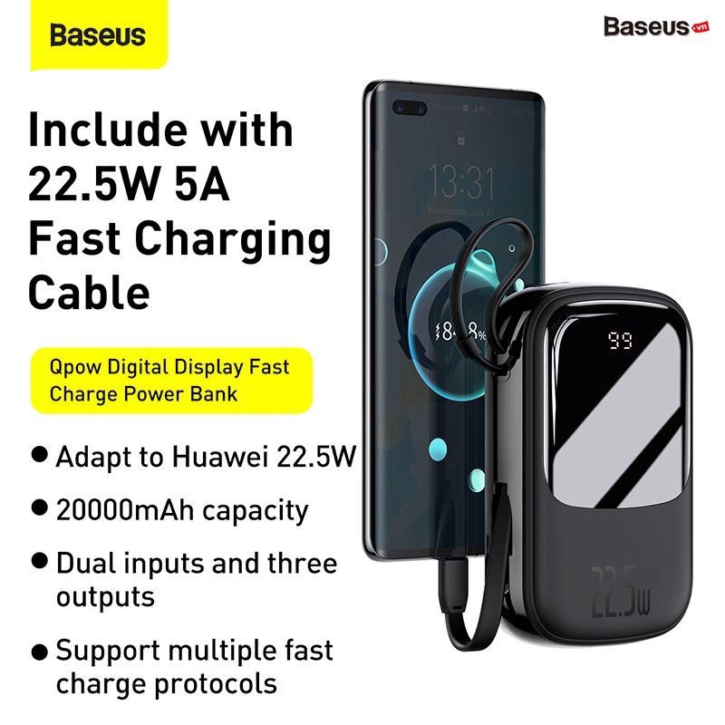 Sạc dự phòng Baseus 20000mAh Qstore, Pin dự phòng Baseus Qpow Digital Display 22.5W, Sạc nhanh, tích hợp cáp 5A