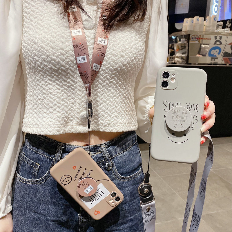 Ốp điện thoại mềm hình mặt cười có dây đeo và giá đỡ dành cho iPhone X Xr Xs 11 12 Mini Pro Max 6 6s 7 8 Plus