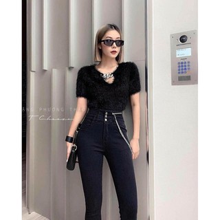 Quần jean nữ cạp cao mix dây xích xịn xò♥️