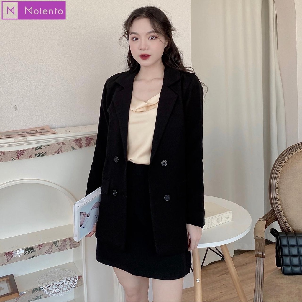 Áo Blazer Nữ Áo Vest Khoác Ngoài 2 Lớp Dài Tay Túi Nắp Dáng Rộng Phong Cách Hàn Quốc Màu Nâu Tây Be Đen Xanh MOLENTO M77