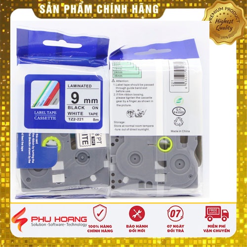 Băng nhãn Brother Nhãn in Hze-221 , 9mm*8m, chữ đen nền trắng, Black on White