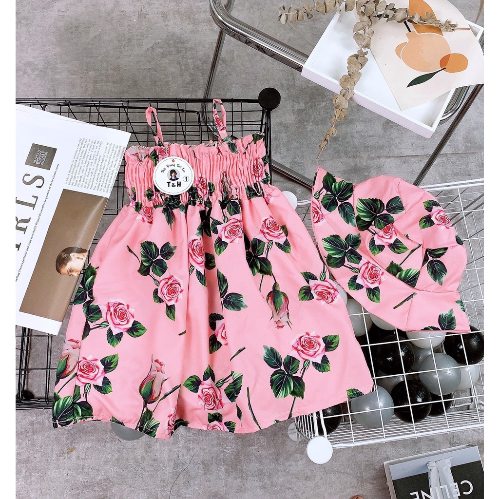 Váy 2 dây hoa hồng KÈM MŨ xinh cho bé gái - VHHKM