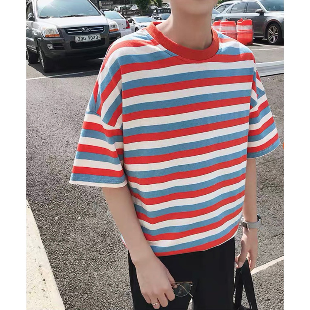Áo thun Cotton unisex tay lỡ form rộng Áo phông nam nữ kẻ ngang dày mát basic tee ulzzang