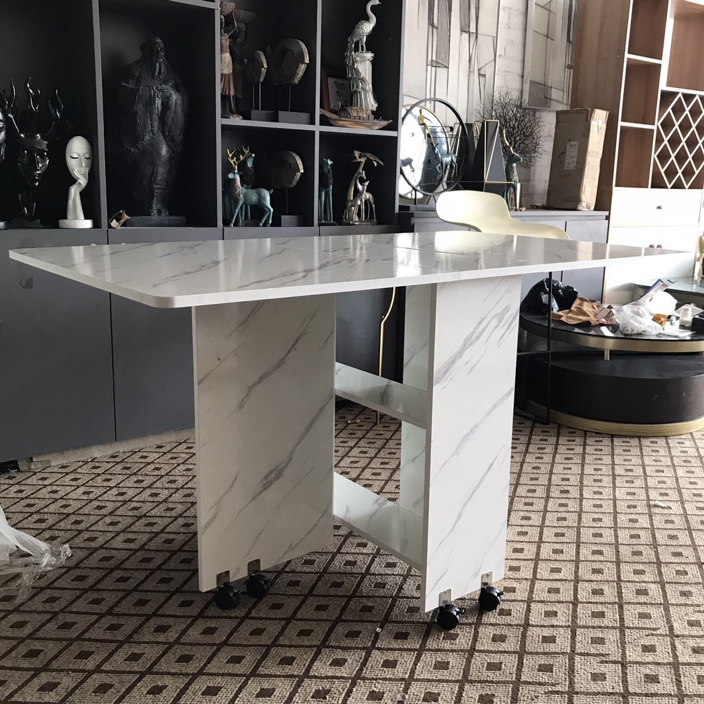 Bàn Ăn Gấp Gọn Thông Minh Kèm Kệ Để Đồ Đa Năng, Bàn Ăn Gỗ Vân Đá Cẩm Thạch Có Bánh Xe KT140x80cm DH-BGK2066