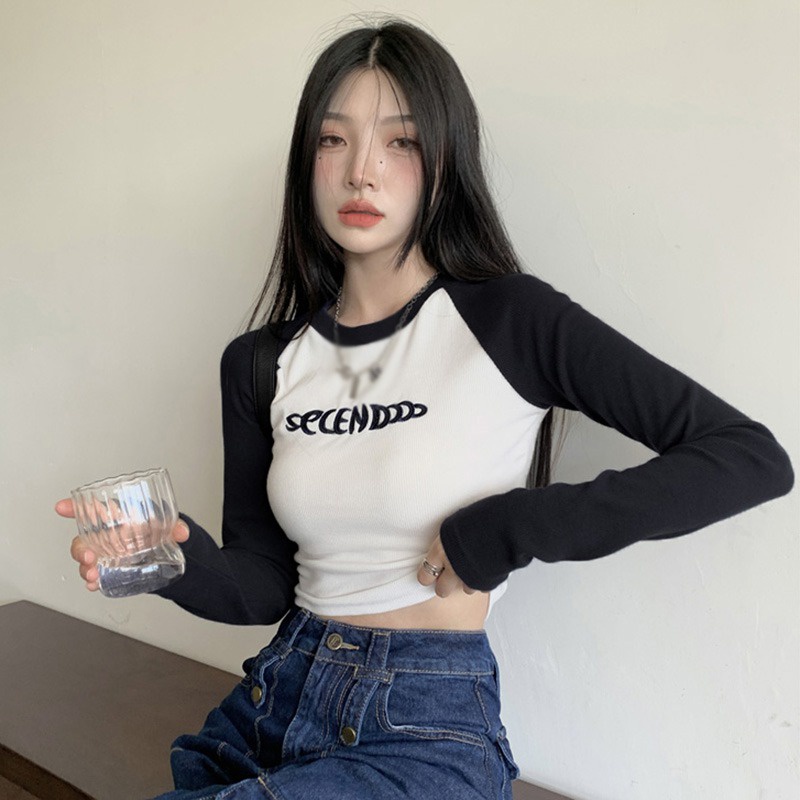 Áo Thun Crop Top Ôm Dáng Tay Dài Cổ Tròn In Chữ Màu Sắc Tương Phản Phong Cách Hàn Quốc Thời Trang Cho Nữ