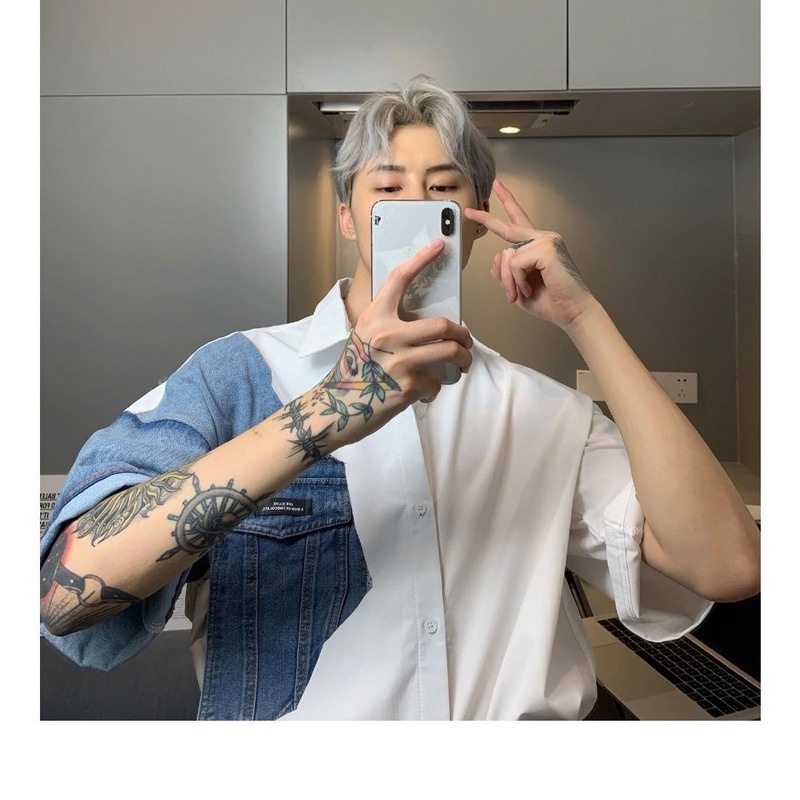 Áo Sơ Mi Ngắn Tay Phối Denim Dáng Rộng Thời Trang Mùa Hè Hàn Quốc Dành Cho Nam